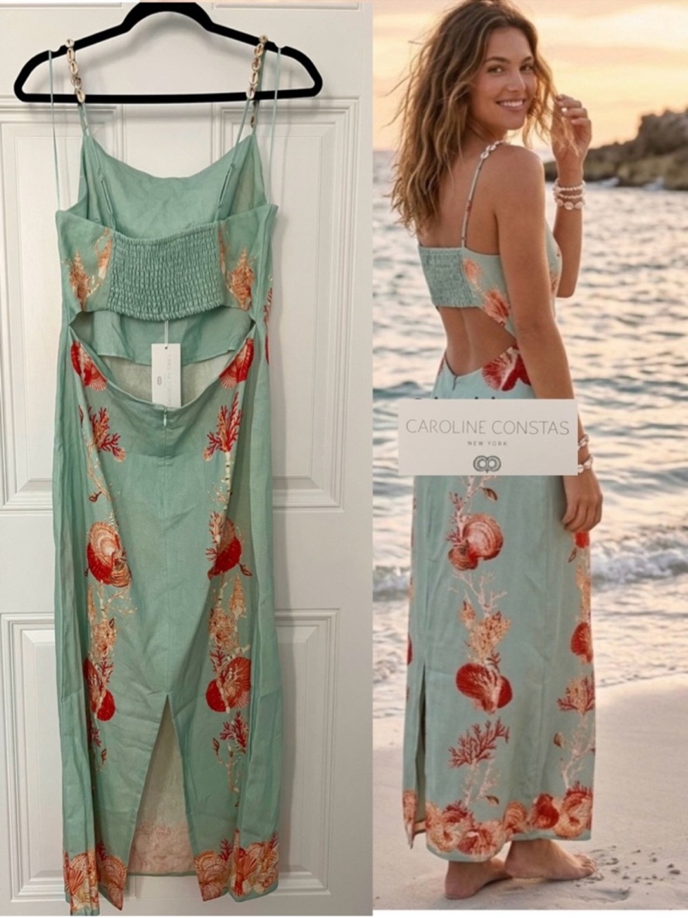 Caroline Constas Coral Shell Print Linen Maxi Dress Seashell Straps M Medium - Picture 2 of 3